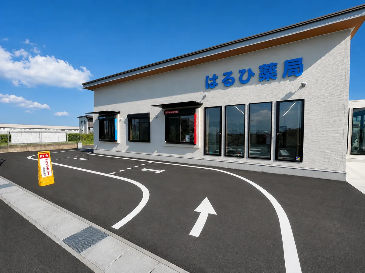 はるひ薬局のドライブスルーレーン。入口の案内看板と受取窓口が見える